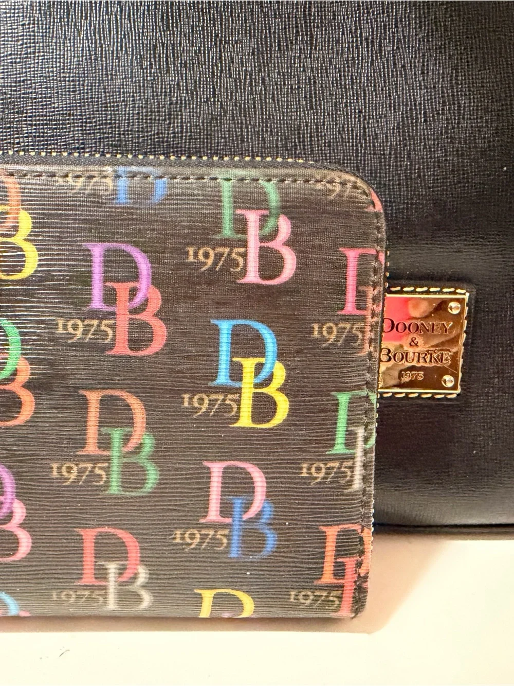Dooney & Bourke Black Leather Shoulder Bag with Multicolor Logo Wallet